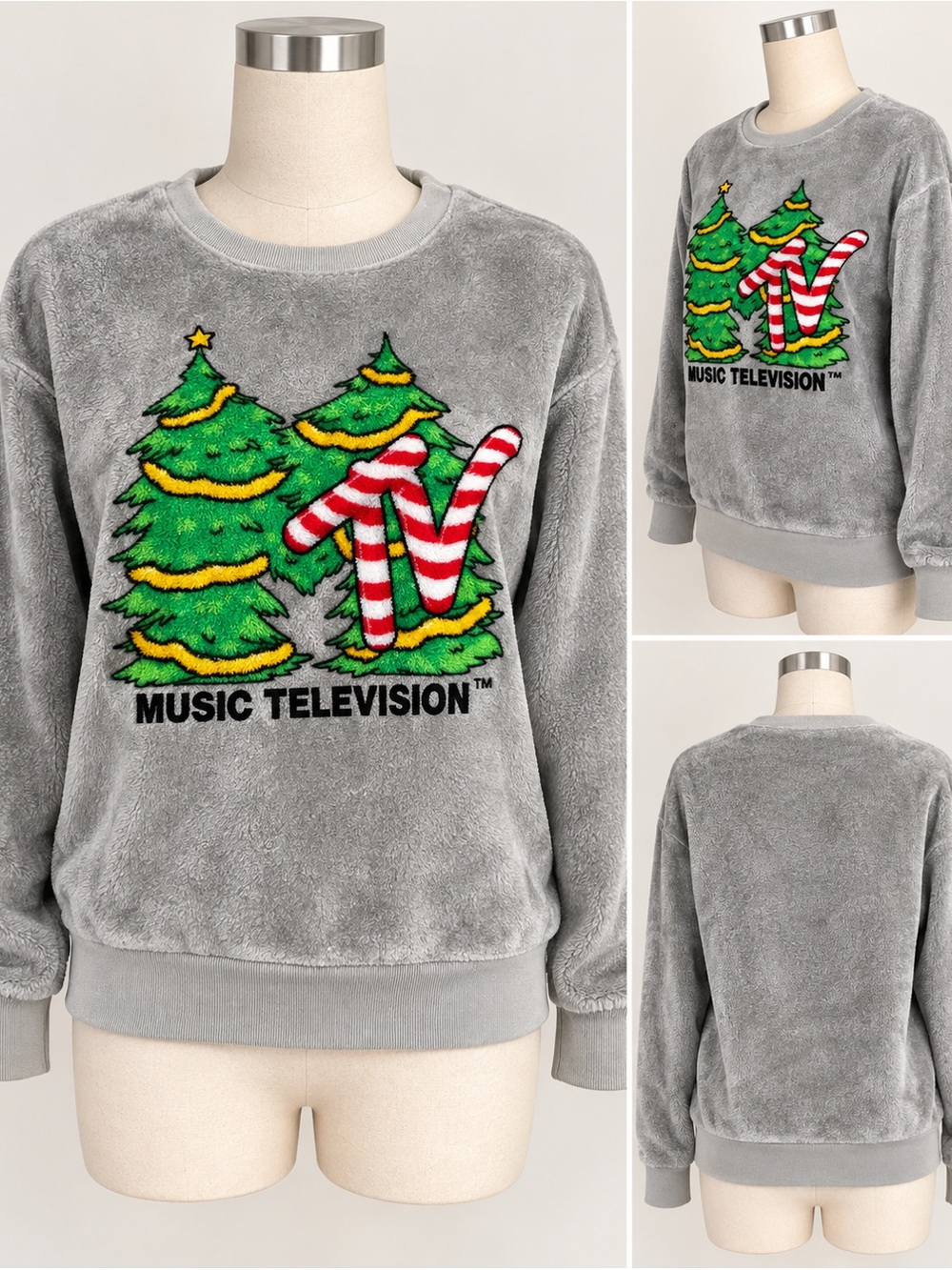 MTV Gray Plush Crewneck Sweater with Green Holiday Tree and Red-White Logo